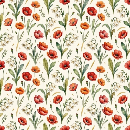 1024×1024 Seamless Floral Pattern – Red, Orange & Cream Flowers with Green Stems on Light Background