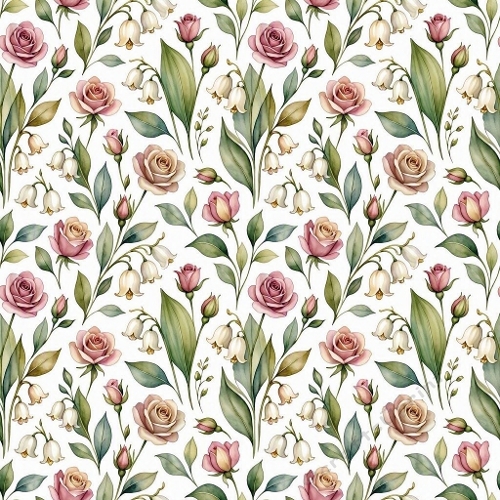 1024×1024 Seamless Watercolor Rose Pattern – Pink & Beige Roses, White Bells & Green Leaves on White Background