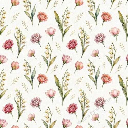 1024×1024 Seamless Watercolor Floral Pattern – Pink & Lavender Roses, Lily‑of‑the‑Valley & Tulip Blooms on Cream Background