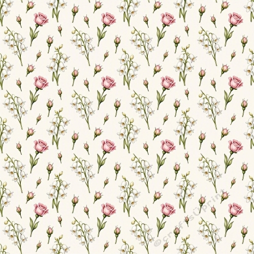 1024×1024 Seamless Watercolor Floral Pattern – Pink Roses & Lily‑of‑the‑Valley on Light Beige Background