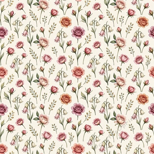 1024×1024 Seamless Watercolor Floral Pattern – Pink, Peach & Lavender Roses with Bell Blossoms on Beige Background