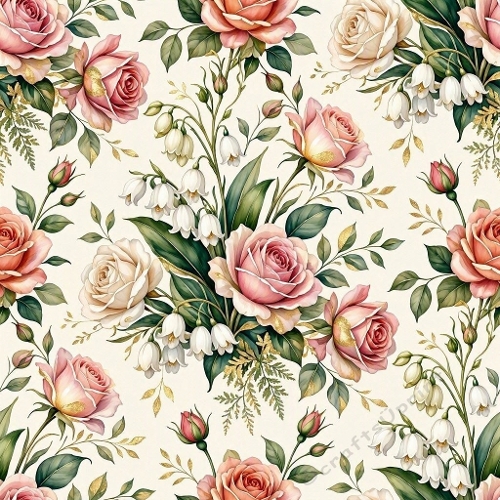 1024×1024 Seamless Watercolor Floral Pattern – Pink, Peach & Cream Roses with White Bell Flowers on Beige Background