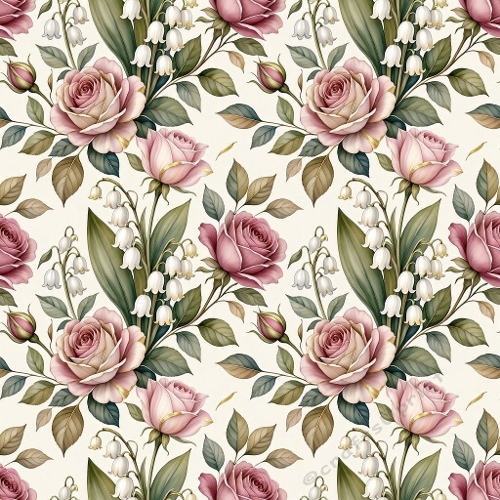 1024×1024 Seamless Watercolor Floral Pattern – Pink Roses & Lily‑of‑the‑Valley on Beige Background