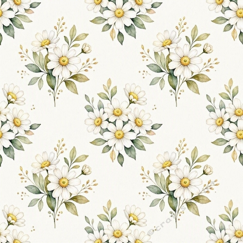 1024×1024 Seamless Watercolor Daisy Pattern – White Daisies with Yellow Centers & Green Leaves on Cream Background