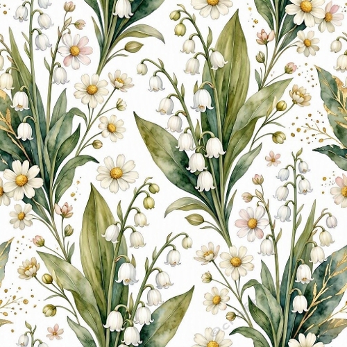 1024×1024 Seamless Watercolor Floral Pattern – Lily‑of‑the‑Valley & White Daisies on White Background