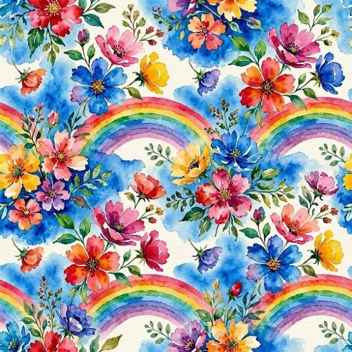 Watercolor Rainbow Floral Illustration  Bright Multicolor Flowers & Sky Wash 