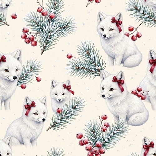 Arctic Fox Christmas Seamless Pattern White Winter Foxes & Pine Branches