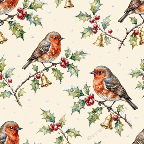 Christmas Holly Birds Seamless Pattern Red‑Breasted Winter Birds & Golden Bells
