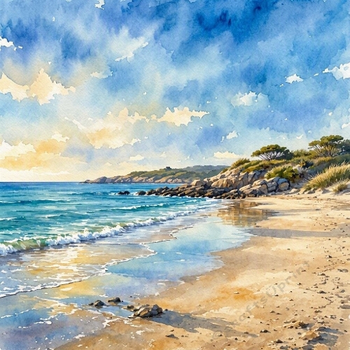 1024×1024 Watercolor Coastal Landscape – Sandy Beach, Gentle Waves & Rocky Shoreline Under Soft Sunlight