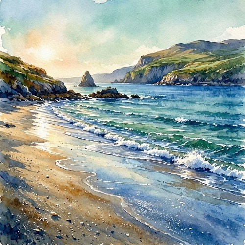 1024×1024 Watercolor Coastal Landscape – Sandy Beach, Gentle Waves & Rocky Sea Stack at Sunset