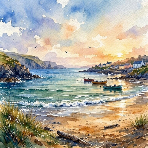 1024×1024 Watercolor Seaside Village Sunset – Boats, Sandy Beach & Golden Sky