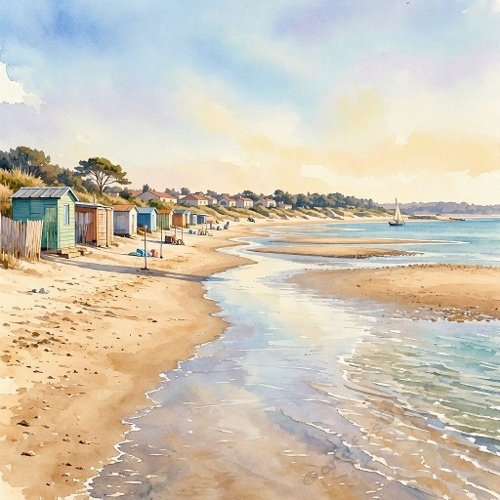 1024×1024 Watercolor Seaside Village – Pastel Beach Huts, Calm Sea & Sailboat at Sunset