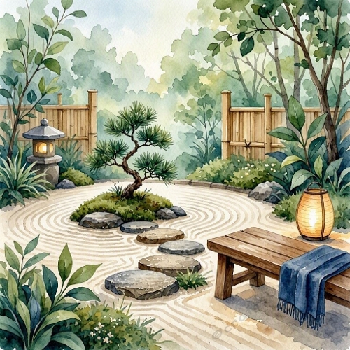 1024×1024 Watercolor Zen Garden – Bonsai Island, Raked Sand & Lantern Glow