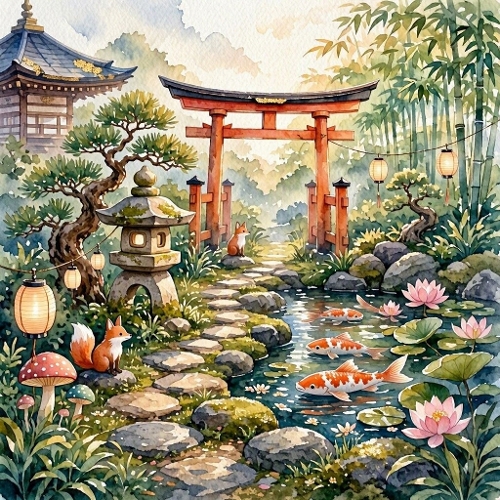 1024×1024 Watercolor Japanese Garden – Torii Gate, Koi Pond, Lotus Flowers & Foxes