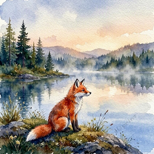 1024×1024 Watercolor Wildlife Landscape – Red Fox by Mountain Lake & Evergreen Forest