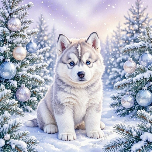 Winter Husky Puppy Snowy Forest Pattern 1024x1024 JPEG