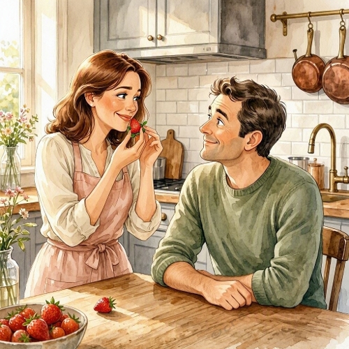 1024×1024 Watercolor Cozy Kitchen Moment – Strawberry Treat, Warm Light & Domestic Comfort