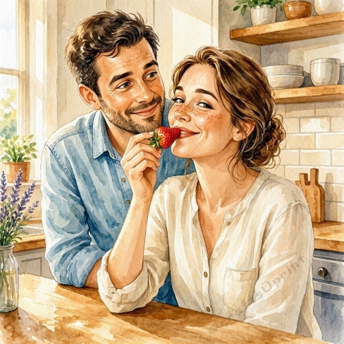 1024×1024 Watercolor Cozy Kitchen Interaction – Strawberry Moment, Warm Light & Everyday Intimacy