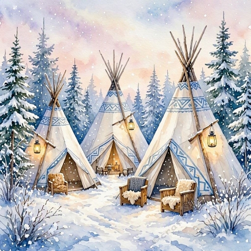 1024×1024 Watercolor Winter Teepee Camp – Snowy Pines, Lantern Glow & Pastel Sky