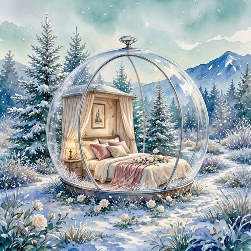 1024×1024 Watercolor Winter Glass Dome – Cozy Bedroom, Snowy Pines & Dreamlike Landscape