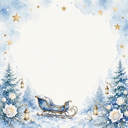 1024×1024 Watercolor Winter Sleigh – Blue & Gold Accents, Snowy Pines & Festive Glow