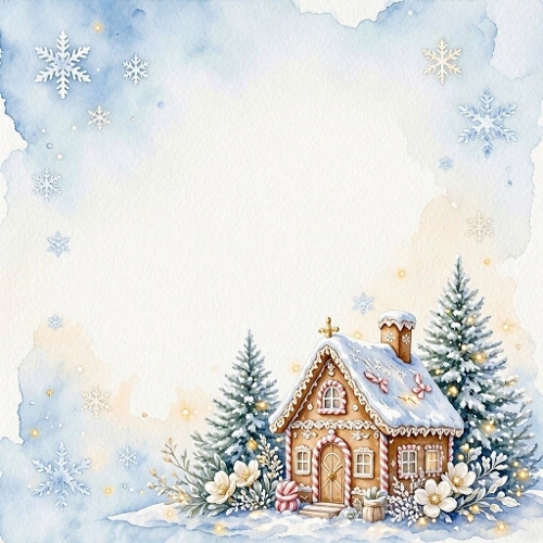 1024×1024 Watercolor Gingerbread House – Snowy Pines, Candy Details & Winter Floral Accents