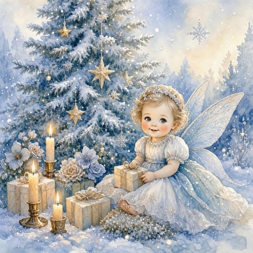 1024×1024 Watercolor Winter Fairy – Snowy Forest, Christmas Tree & Gift Box Magic