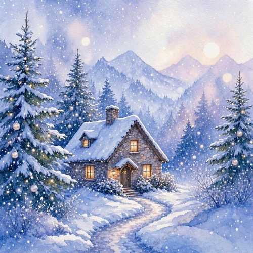 Winter Stone Cottage Snowy Mountain Scene 1024x1024 JPEG