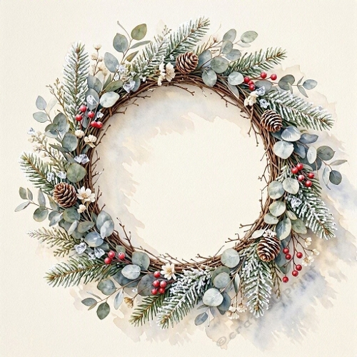 1024×1024 Watercolor Winter Wreath – Pinecones, Frosted Evergreens & Red Berry Accents