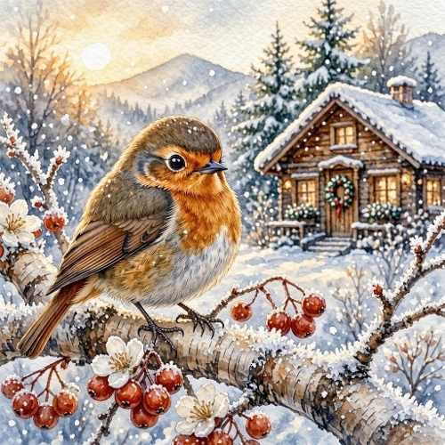 1024×1024 Watercolor Winter Robin – Snowy Branch, Red Berries & Festive Cabin Landscape
