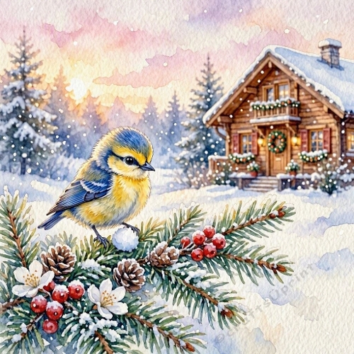 1024×1024 Watercolor Winter Bird – Snowy Evergreen Branch, Red Berries & Festive Cabin Glow
