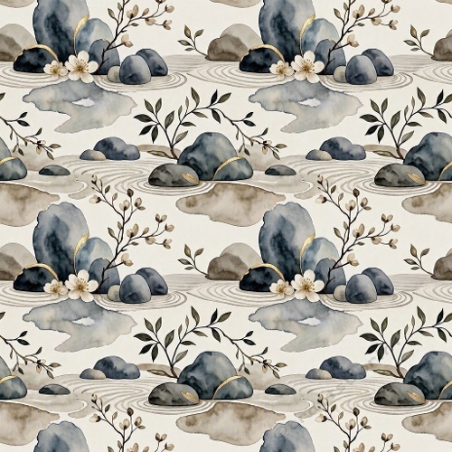 Watercolor Zen Stones Branches Calm Botanical Pattern 1024x1024 JPEG