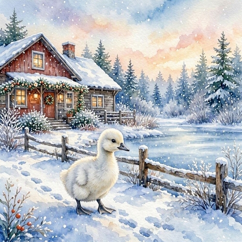 1024×1024 Watercolor Winter Duckling – Snowy Cabin, Frozen Pond & Festive Wreath Glow