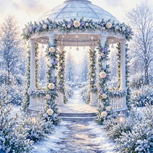 Winter Gazebo Evergreen Roses Snow Landscape Pattern 1024x1024 JPEG