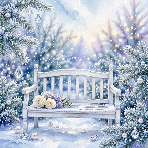 Winter Bench White Roses Evergreen Silver Ornaments Snow Scene 1024x1024 JPEG
