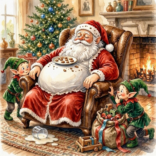 1024×1024 Cartoon Santa Asleep – Cozy Armchair, Elves, Cookies & Christmas Room
