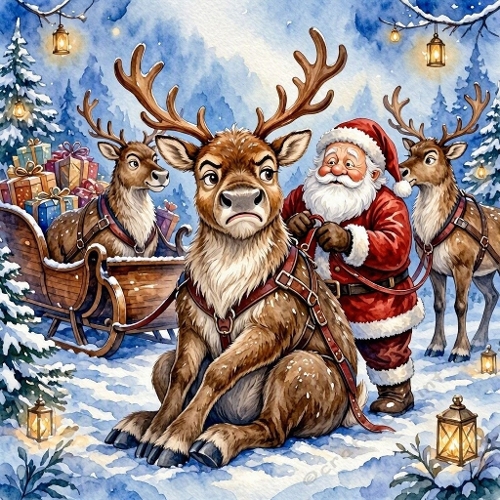 1024×1024 Watercolor Christmas Santa – Reluctant Reindeer, Lantern Glow & Snowy Forest Scene
