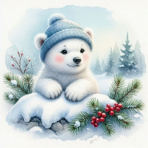 Winter Polar Bear Blue Hat Evergreen Snow Scene 1024x1024 JPEG