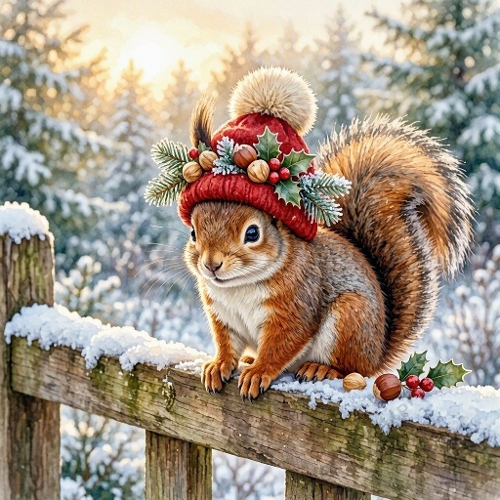 Winter Squirrel Red Hat Evergreen Fence Snow Scene 1024x1024 JPEG