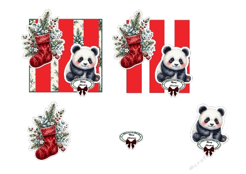 3D Christmas Panda Red Stocking Pine Branches Berries Festive Card Topper Set