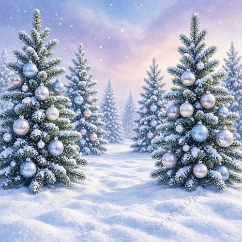 Winter Evergreen Trees Ornaments Snow Pastel Sky Scene 1024x1024 JPEG