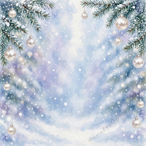Winter Evergreen Branches Silver Ornaments Snow Blue Sky Scene 1024x1024 JPEG