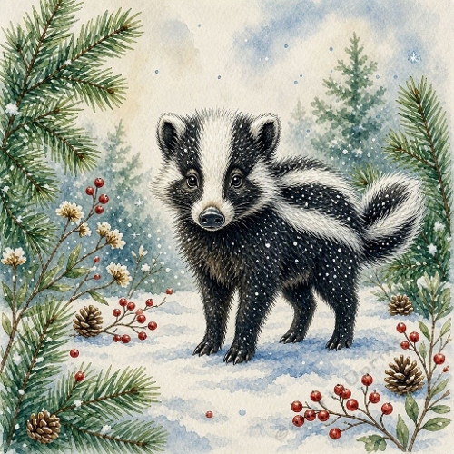 Winter Badger Evergreen Pinecones Berries Snow Scene 1024x1024 JPEG