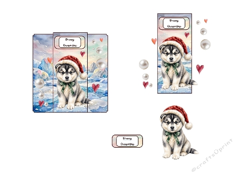3D Christmas Husky Puppy Santa Hat Ice Landscape Hearts Merry Christmas Card Kit