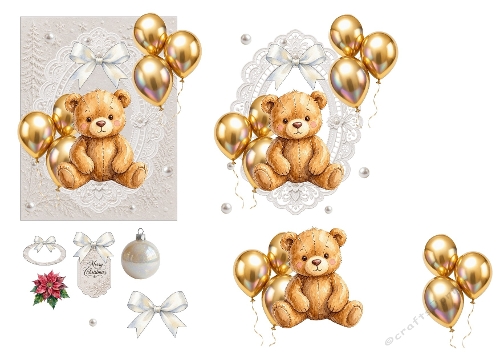 3D Christmas Teddy Bears Gold Balloons Lace Oval Frame White Bow Merry Christmas Kit