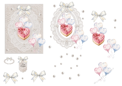 3D Heart Cake Card Kit with Pastel Balloons, Lace Frames & Festive Pearls