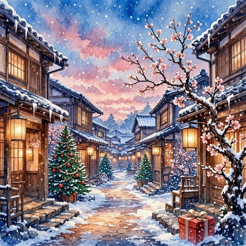 Japanese Winter Village Street with Snow, Lanterns & Festive Trees – 1024x1024 JPEG