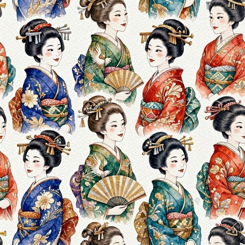 Traditional Japanese Women Seamless Pattern | Elegant Kimonos, Floral Motifs & Watercolor Style