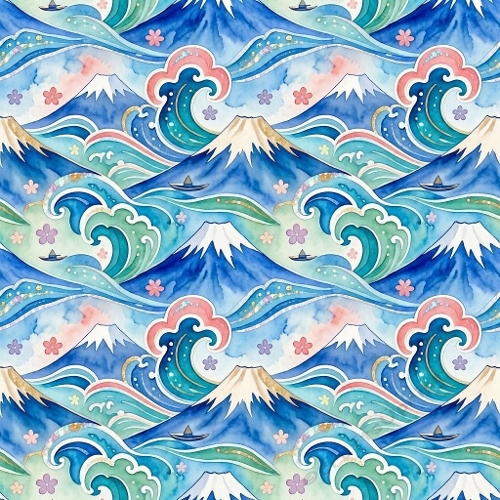Watercolor Japanese Waves & Mountains Pattern | Fuji‑Inspired Landscape, Boats & Florals | Elegant Aquarelle Design