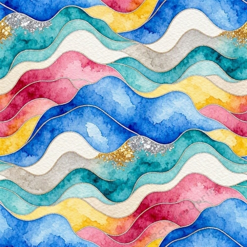Abstract Watercolor Wave Pattern | Multicolor Fluid Aquarelle with Gold & Silver Accents